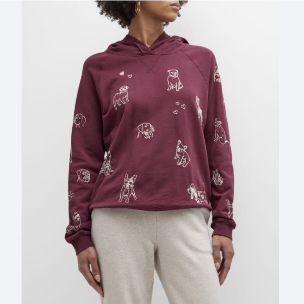 Johnny Was Tippi Cropped Hooded Embroidered Dog Puppy Sweatshirt Burgundy Small